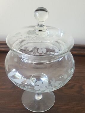 Mid-Century Etched Clear Crystal  Apothecary Jar with Lid